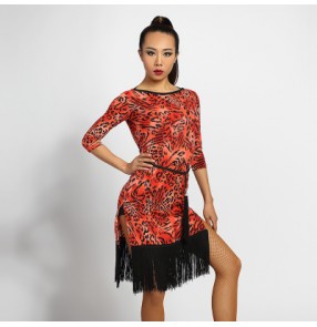 Red leopard printed fringes side split performance  women's ladies female competition professional latin salsa cha cha dance dresses outfits
